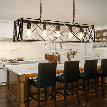 DingLiLighting 5-Light Rustic Pendant Light Black Metal Frame Ceiling Light Chandelier for Kitchen Island Living Room Bedroom, E26 Socket (Bulbs Included)