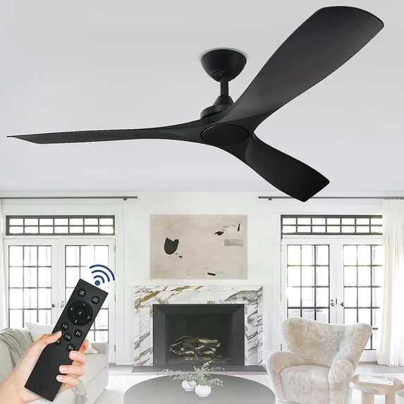 DingLiLighting 52" Black Ceiling Fan no Light with Remote, 3-Blade Black Ceiling Fan, Indoor Outdoor for Living Room, Bedroom, Office, Patio