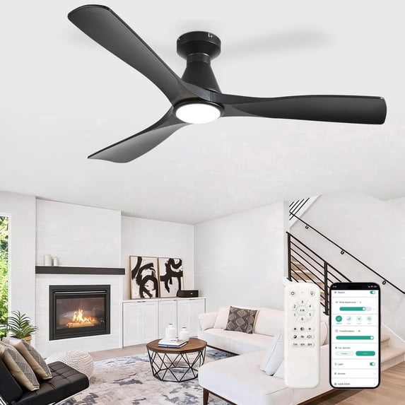 DingLiLighting 52-Inch Ceiling Fan with Lights: Black Flush Mount Ceiling Fan with Remote APP Control - Low Profile 3-Blade Fans for Indoor Outdoor 24W 3CCT Dimmable Timer DC Motor