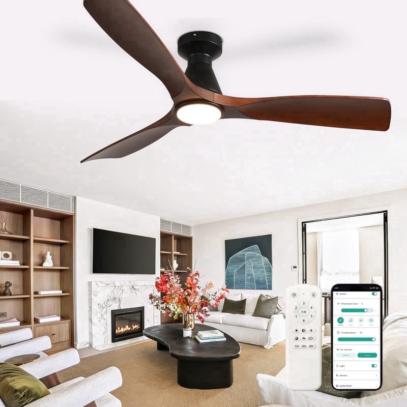 DingLiLighting 52-Inch Ceiling Fan with Lights: Walnut Flush Mount Ceiling Fan with Remote APP Control - Low Profile 3-Blade Fans for Indoor Outdoor 24W 3CCT Dimmable Timer DC Motor