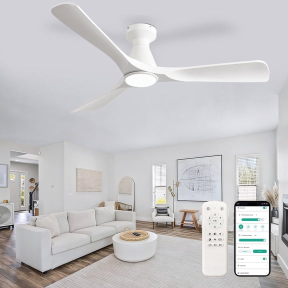 DingLiLighting 52-Inch Ceiling Fan with Lights: White Flush Mount Ceiling Fan with Remote APP Control - Low Profile 3-Blade Fans for Indoor Outdoor 24W 3CCT Dimmable Timer DC Motor