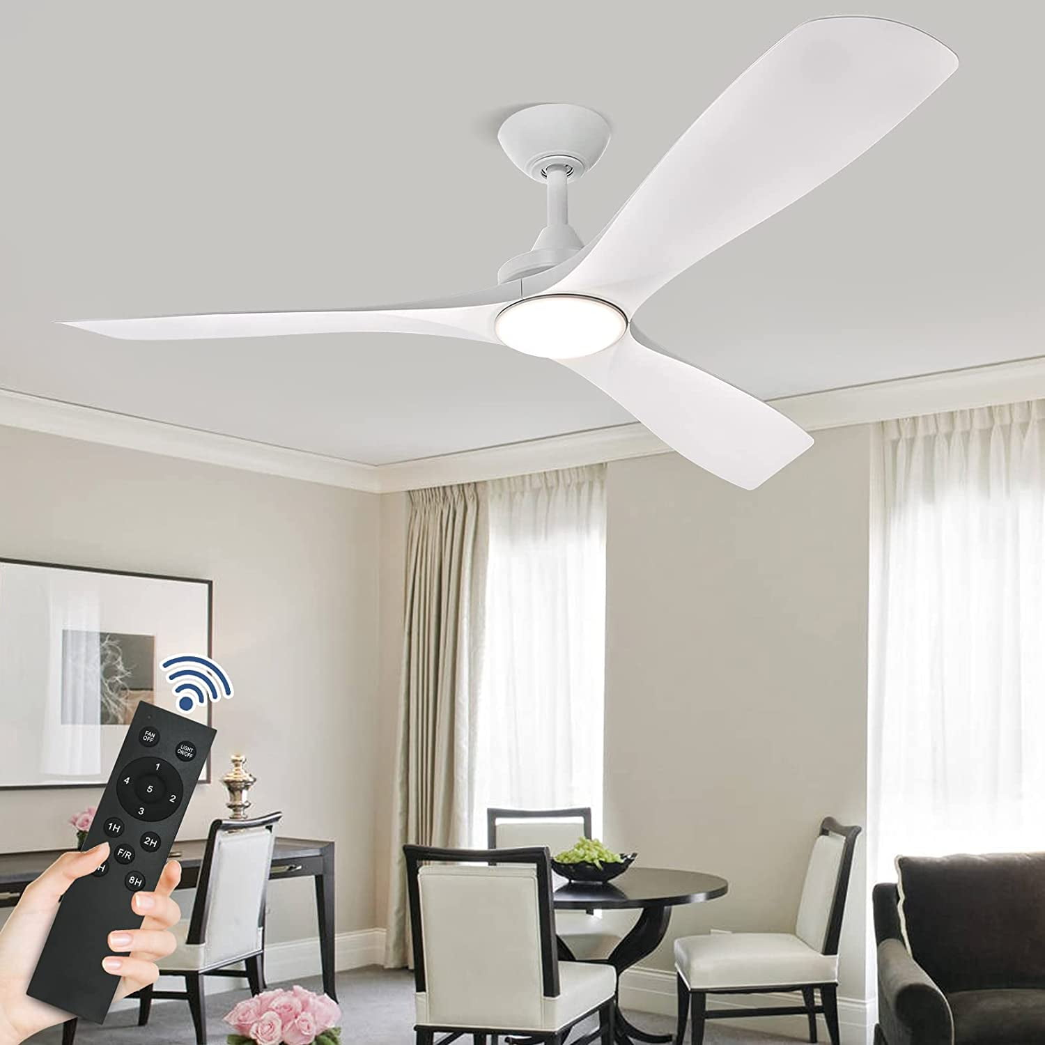 White 52" Modern LED Ceiling Fan with Remote and Wood Blades