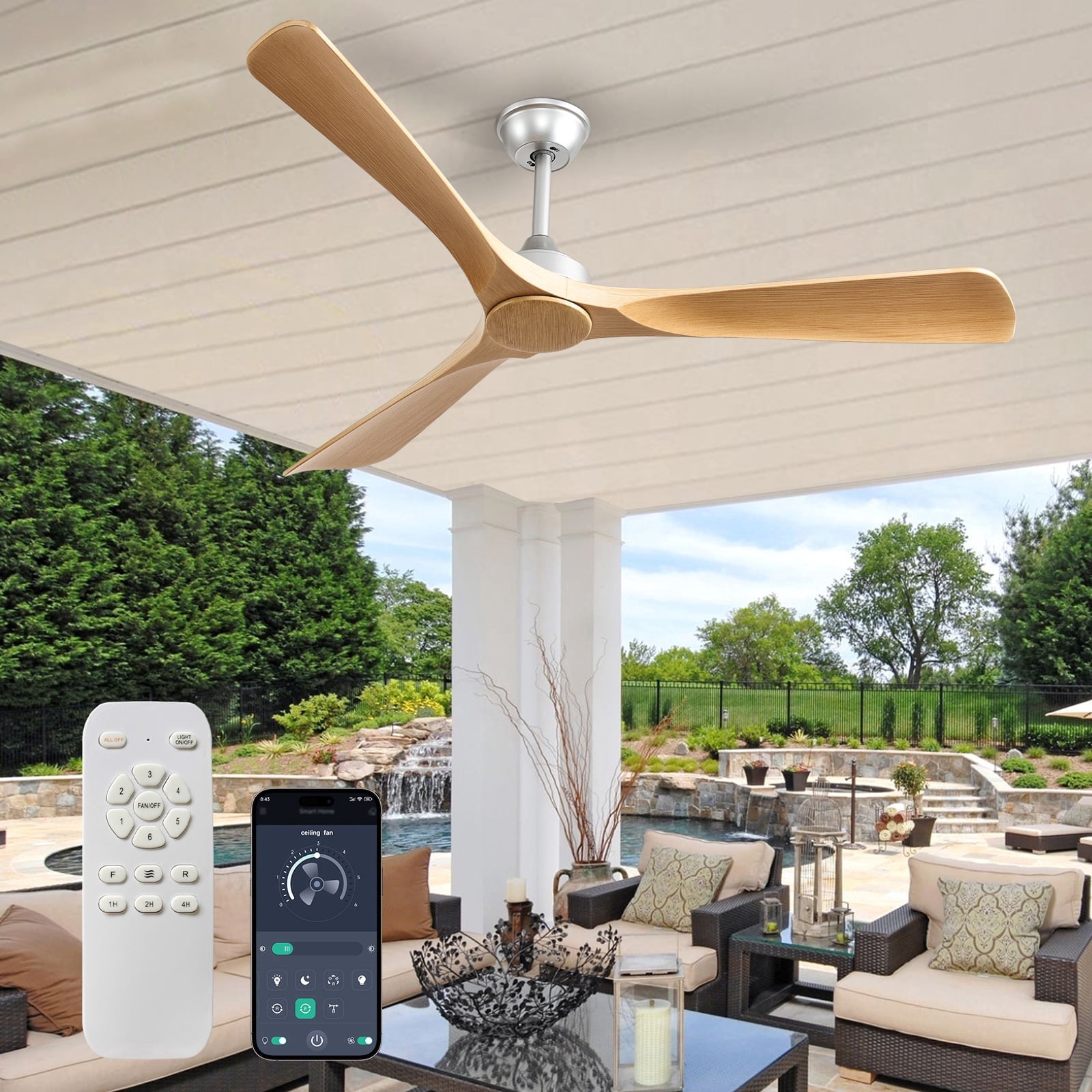 DingLiLighting Ceiling Fan Without Light: 52 Inch Natural Wood Ceiling ...