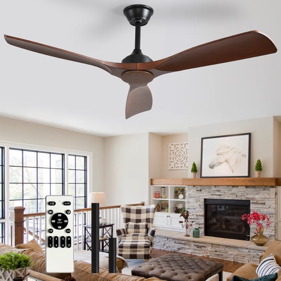 DingLiLighting Ceiling Fan Without Light: 52 Inch Walnut Ceiling Fan No Light Remote Control - 3 Blade Ceiling Fans for Indoor Outdoor Ultra Quiet DC Motor Reversible 6 Speed Timer