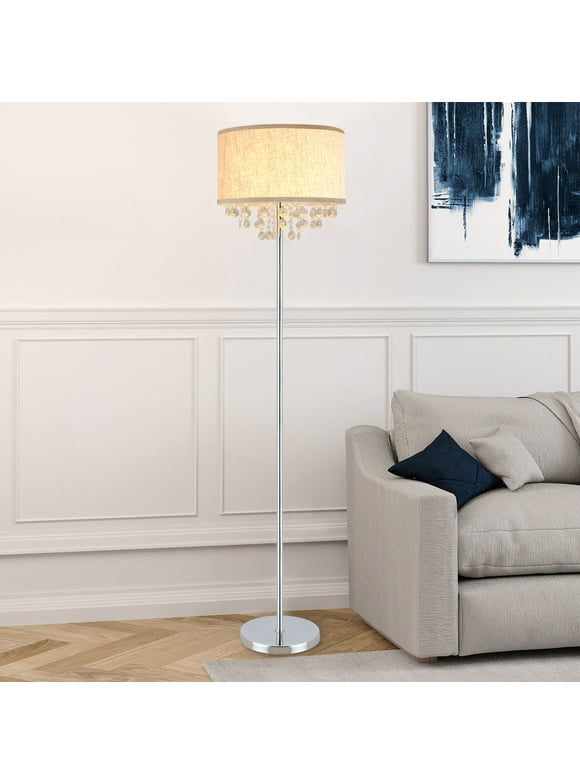 DingLiLighting Crystal LED Floor Lamp for Living Room, Modern Standing Lights for Bedroom , Elegant Tall Pole Accent Light for Mid Century & Contemporary Rooms, Silver, Fabric Shade