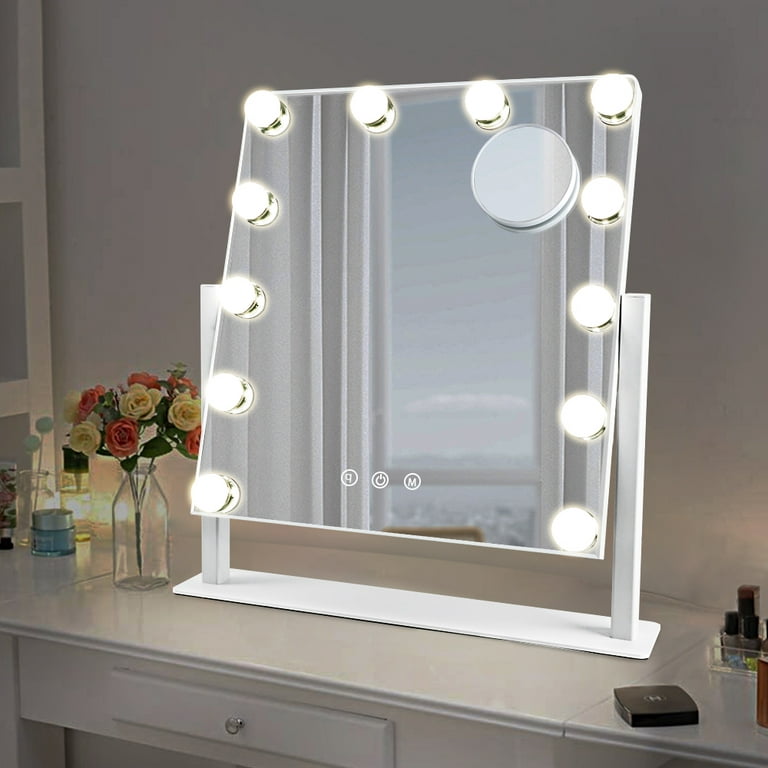 DingLiLighting Makeup Mirror with Lights,Vanity Light-up Professional Mirror,  Detachable 10x Magnification, 3 Color Lighting Modes, Cosmetic Mirror with  12 Dimmable Bulbs,360° Swivel, Touch Control 