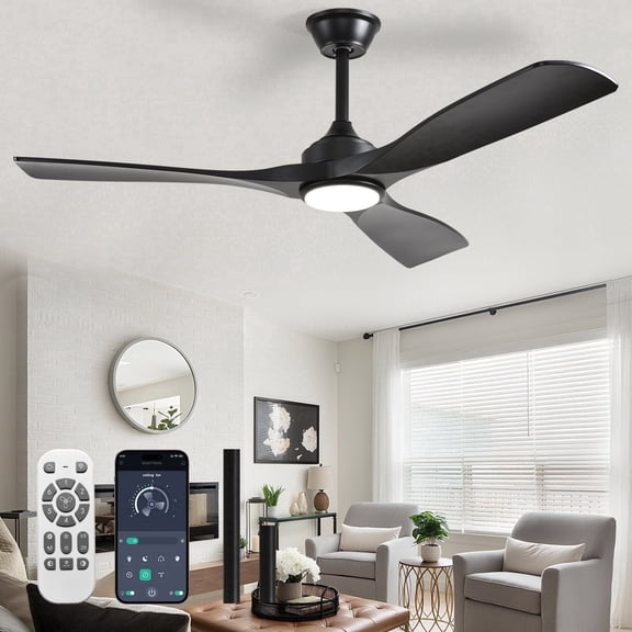 DingLiLighting Modern Ceiling Fan with Lights: 52-Inch Black Flush Mount Ceiling Fan with Remote APP Control - Dimmable 3-Blade Fans for Indoor Outdoor 24W 3CCT Dimmable Timer DC Motor
