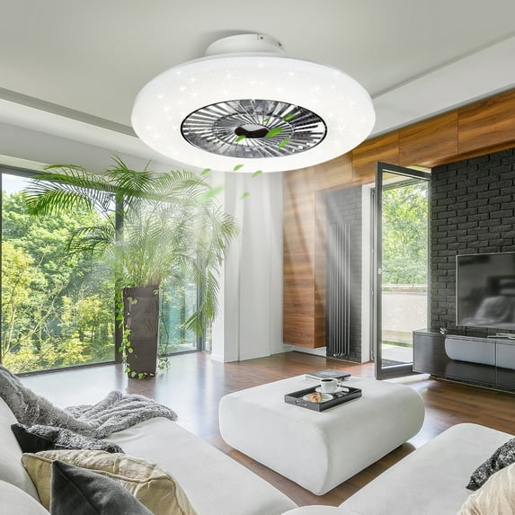 DingLiLighting Modern LED Ceiling Fan with Light Bladeless Ceiling Fan with Remote Control Smart Flush Mount Ceiling Fan Light Indoor Low Profile Ceiling, Bulbs Included