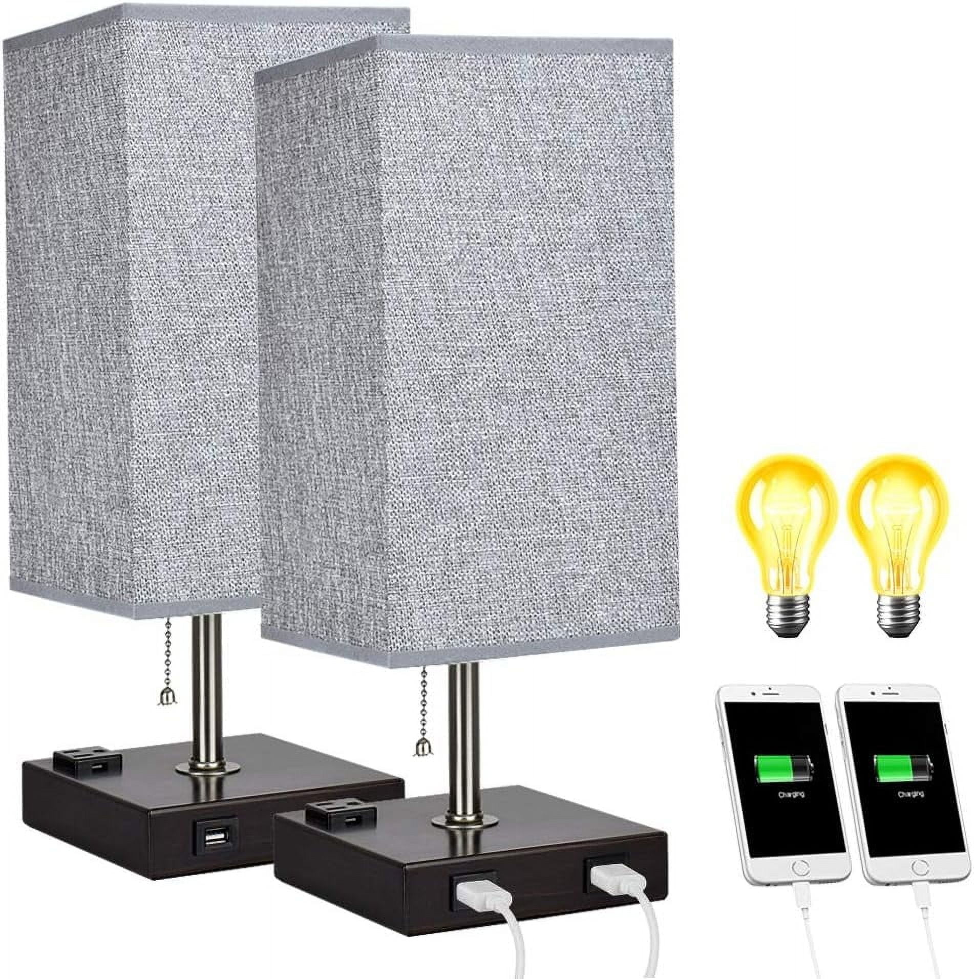 DingLiLighting Traditional Table Lamps Set of 2 Beige Linen Drum Shade Minimalist Nightstand Table Lamp for Living Room Family Bedroom Bedside, 2 USB Charging Ports 1 AC Outlets