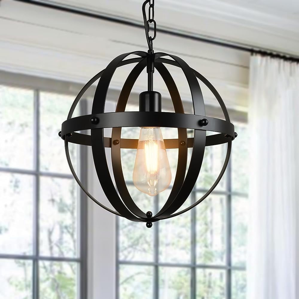 DingLiLighting Vintage Globe Pendant Hanging Light, Flush Mount Ceiling Chandelier Lamp with Metal Spherical Shade for Living Room Dining Kitchen Island Hallway Bedroom,E26 Base Matte Black