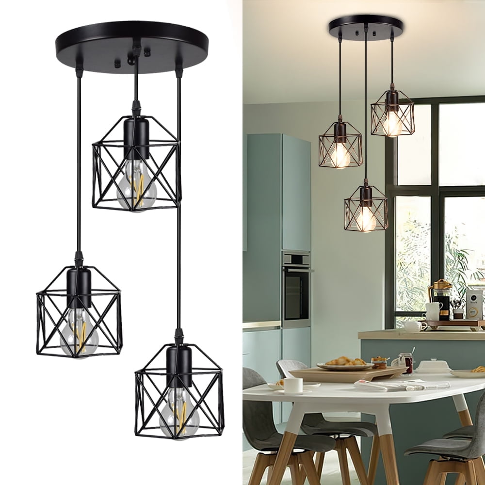 Black Metal 3-Light Adjustable Mini Pendant Light with Cage Shade