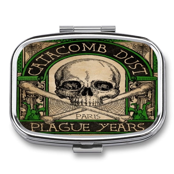 DingRound Metal 2 Compartment Pill Organizer Travel Friendly Portable Compact Box Cute Case to Hold Vitamins/Tylenol/Fish Oil/Supplements/Meds/Tablet for Purse/Pocket (Skull), 1.97 x 0.79 0.39 Inch