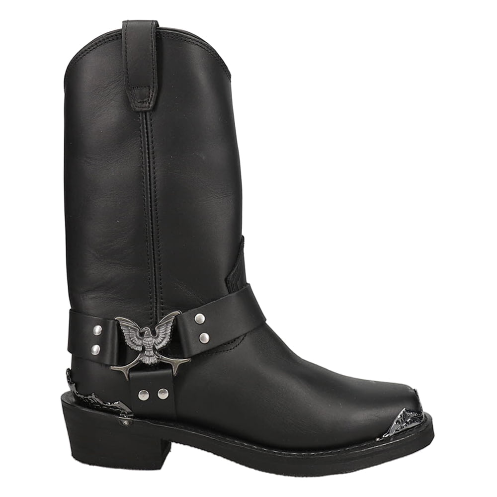 Black Genuine Leather Mid-Calf Western Boots with Eagle Harness