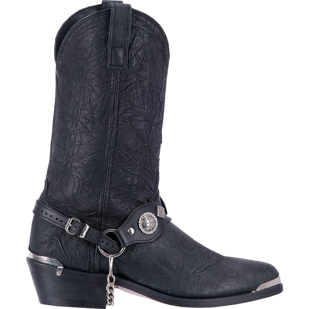 Black Genuine Leather Mid-Calf Western Boots with Silver Accents