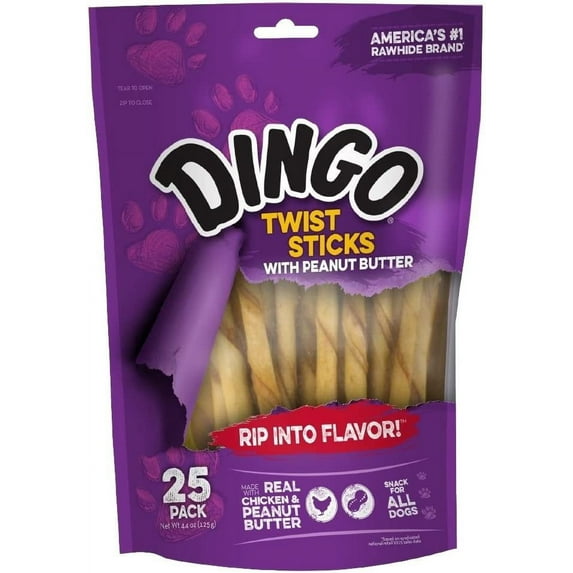 Dingo Twist Sticks with Peanut Butter, Rawhide Chews for All Dogs, Made with Real Chicken, 25 Count