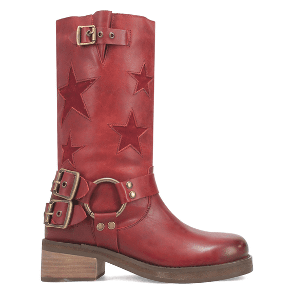 Dingo Womens Blacklist Tooled Inlay Round Toe Pull On Motorcycle Mid Calf