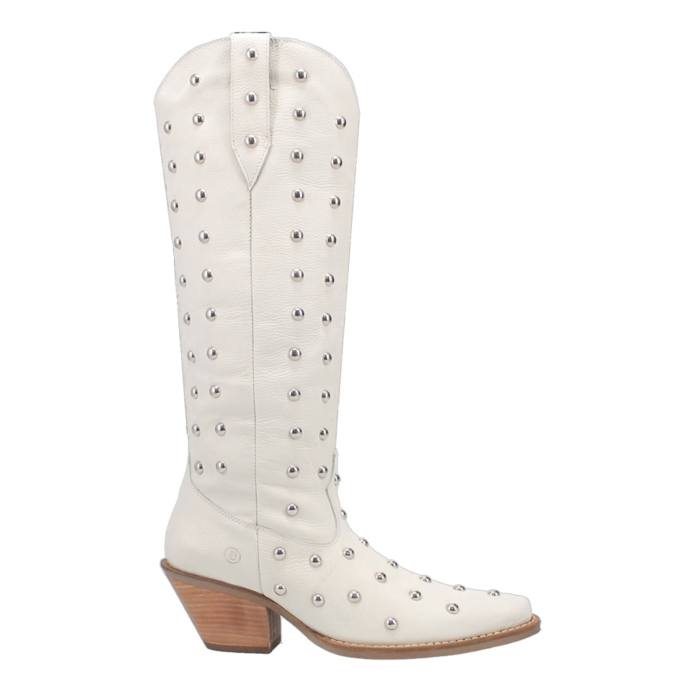 White Genuine Leather Studded Knee-High Western Boots