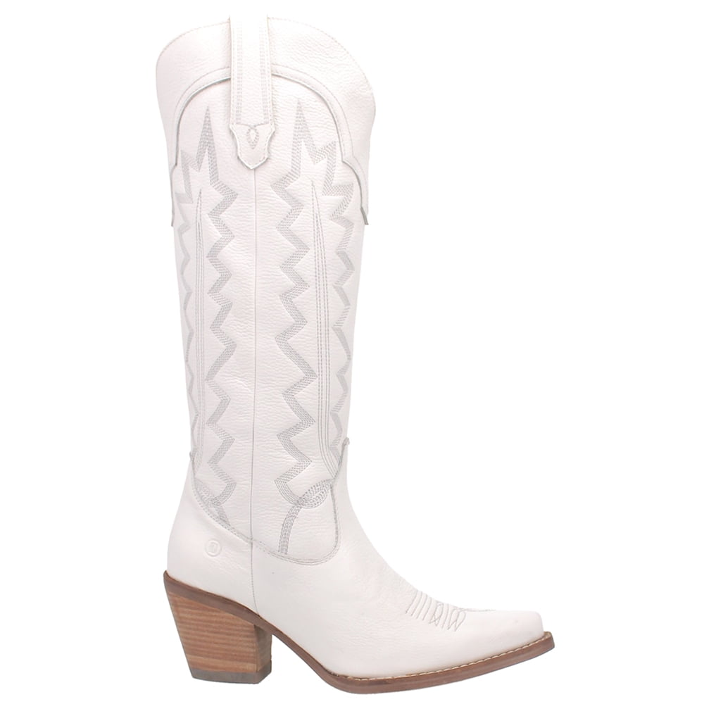 White Genuine Leather High Heel Cowboy Boots, Size 6