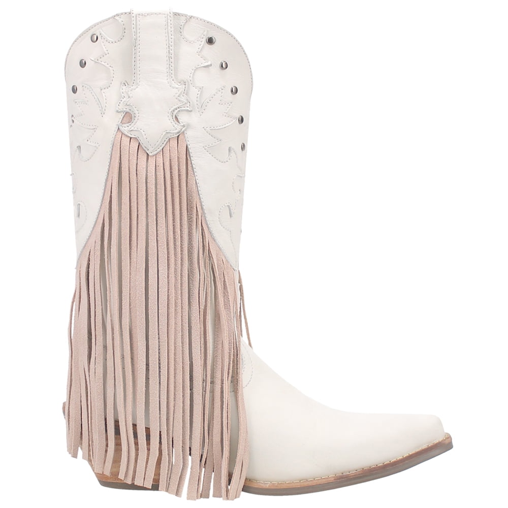 Off White Genuine Leather Women's Low Heel Fringe Boots