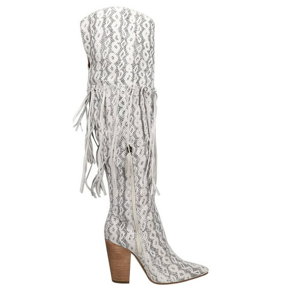 Dingo Women's Kitty Kat Snake Print Fringe Tall Western Boot Round Toe - DI 706-WHITE 10 M US