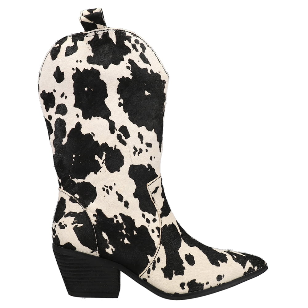 Black and White Genuine Leather Cow Print Mid-Calf Western Boots