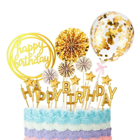 Dingrich 12 Pcs Cake Topper Set, Cake Topper Decoration with Balloon, Stars, Paper Fans Cupcake Toppers,and a kit Candles, Cake Decorations for Birthday, Party Supplies Decoration - Gold