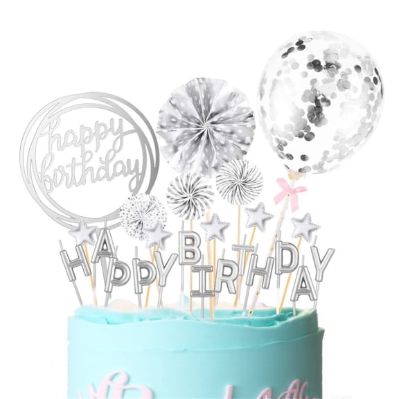 Dingrich 12 Pcs Cake Topper Set, Cake Topper Decoration with Balloon, Stars, Paper Fans Cupcake Toppers,and a kit Candles, Cake Decorations for Birthday, Party Supplies Decoration - Silver