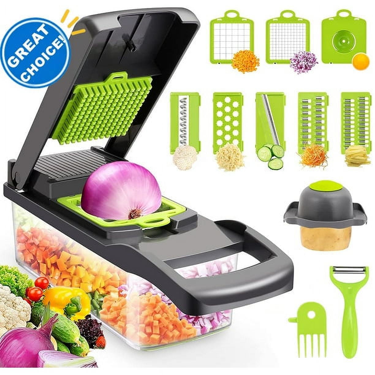COWIN Vegetable Chopper Dicer Cutter Grater Egg Slicer Onion Chopper  Multifunction 14 in 1 with Container 8 Blade