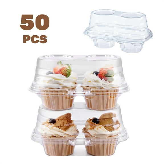 Dingrich 2 Compartment Cupcake Box 50Pcs, Stackable Cupcake Container with Lid for Muffins, Cookies, Desserts - Disposable Cupcake Boxes for Party, Wedding, Picnic, Display - Clear