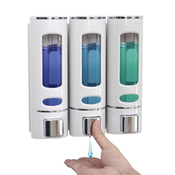 Dingrich 3 Chamber Shower Soap Dispenser, 400ml Large Capacity Shampoo and Conditioner Dispenser, Wall Mounted No Drill Shower Pump Dispenser for Shower Room, Bathroom, Hotel - White