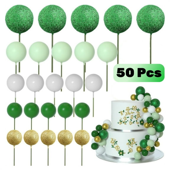 Dingrich 50Pcs Ball Cake Toppers Set - 4 Size Variety for Themed Parties, DIY Cupcake Inserts & Foam Balloons, Cake Supplies Decoration for Birthdays Party, Weddings - Dark Green
