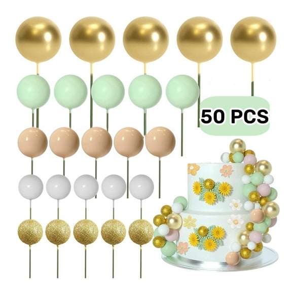 Dingrich 50Pcs Ball Cake Toppers Set - 4 Size Variety for Themed Parties, DIY Cupcake Inserts & Foam Balloons, Cake Supplies Decoration for Birthdays Party, Weddings - Light Green