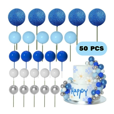 Dingrich 50pcs Ball Cake Toppers, Cake Topper Decorating Set with 4 Size for Theme Party, DIY Cupcake Insert Foam Balloons, Cake Supplies Decoration for Baking, Birthday Party, Wedding - Blue