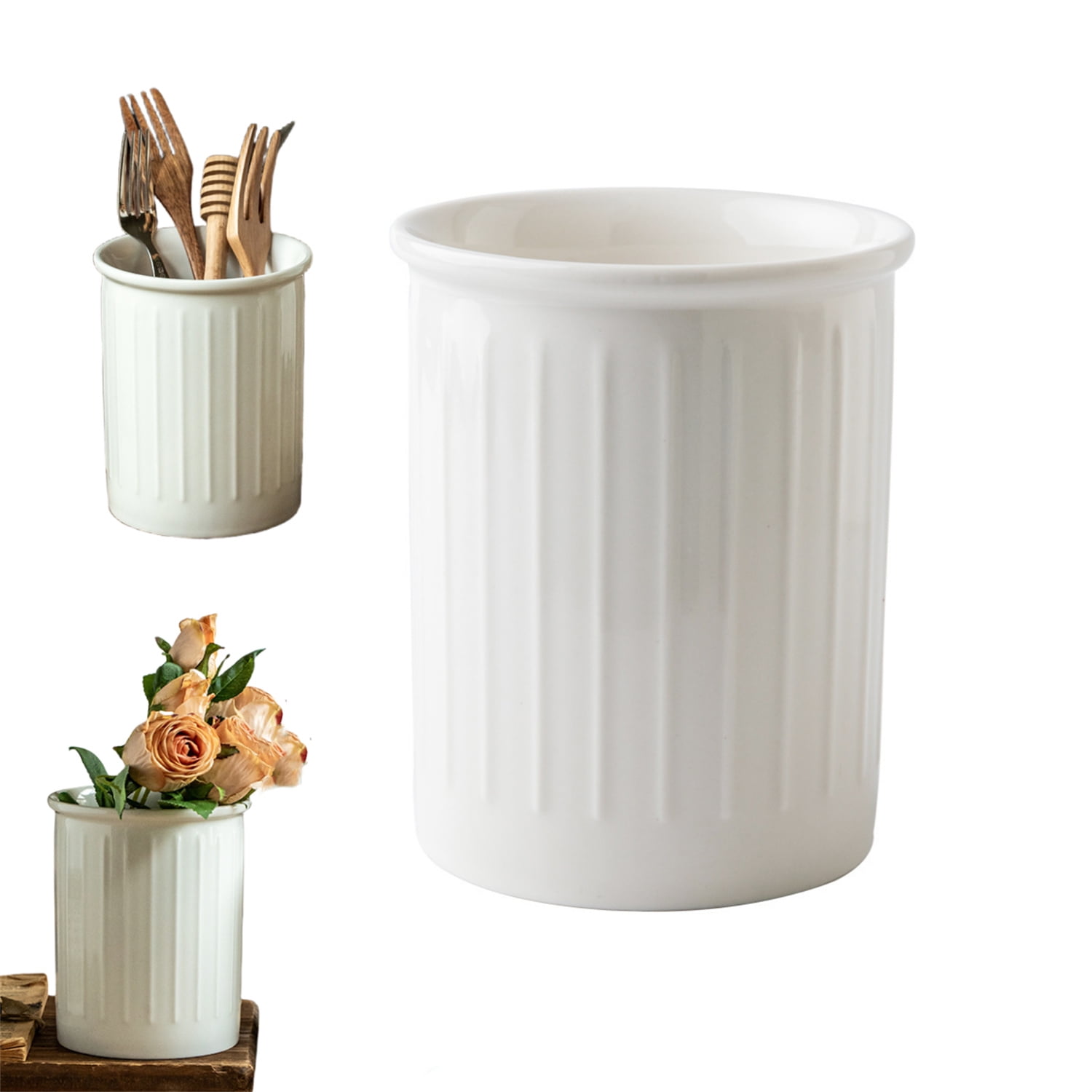 Dingrich Ceramic Utensil Holder, Large Kitchen Counter Storage Jar with Chic Relief Design (9.8 x 13.4 cm) for Knives, Forks, Spoons, Tablespoons, Kitchenware and Flower Arrangement - White