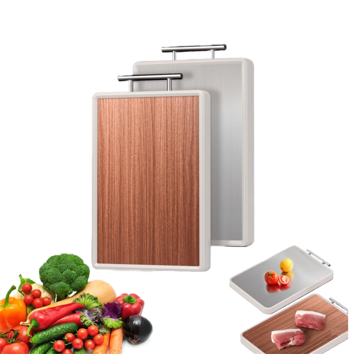 Dingrich Double-Sided Cutting Board for Kitchen, 15x10inch Chopping Board with Non-Slip Suspension Handle, Ebony Wood and Stainless Steel Sides for Cutting Diverse Ingredients, 1 Pack