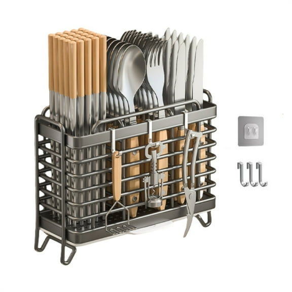 Dingrich Kitchen Utensil Holder with 3 Hooks, Dish Drainer for Kitchen Counter 7.87inch, Wall-Mounted Utensil Rack, Countertop Kitchenware Rack for Forks, Knives, Spoons, Chopsticks - Gray