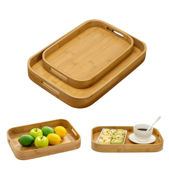 Dingrich Set of 2 Bamboo Serving Trays with Handles - 13" & 15.8" Rectangular Trays, Multi-Purpose Tray for Kitchen, Tea, Storage, and Decor - Perfect for Food, Breakfast, Weddings