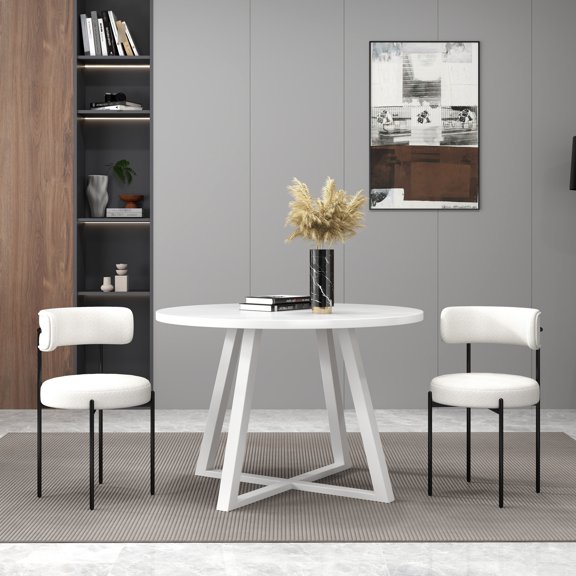 Dining - 3 Pieces, Round Trestle Table And 2 Chairs, Captivation, White Tabletop, Construction, Ergonomic Chair Back Contemporary 3 : With Textured Boucle Seat Chairs