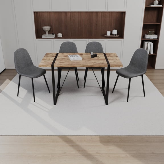 Dining With 4 Chairs, Black Rectangular Metal Base, Waterproof Materials For Easy Maintenance And Durability 55" Table Suede Chair Ensemble, Base A Stable Experience