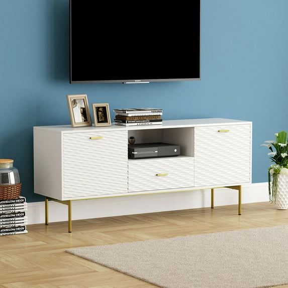 Dining 56" TV Stand Sideboard Buffet Storage Cabinet for TVs up to 65" Metal Legs in Home Living Room, White