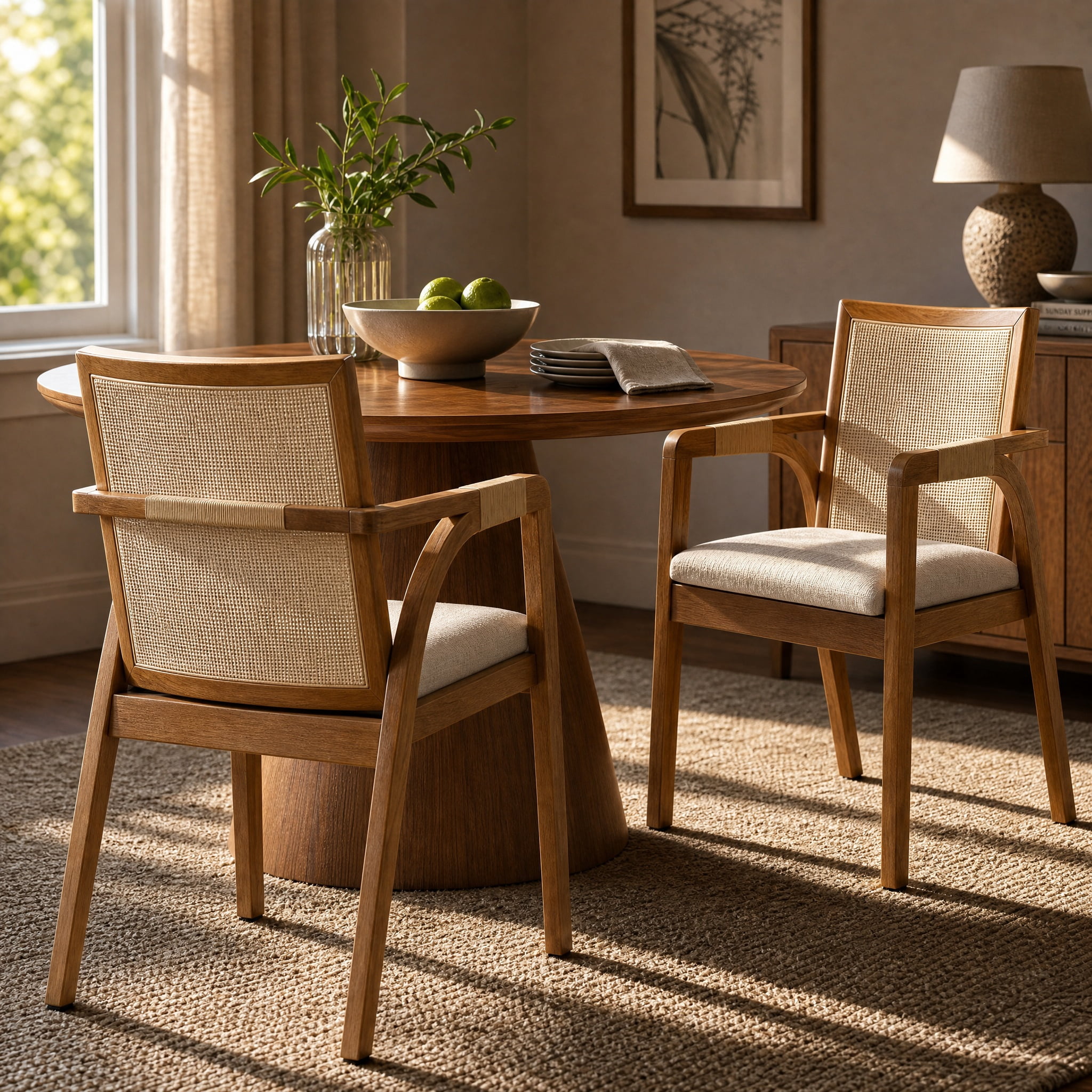 Dining Arm Chairs Set of 2, Rubber Wood Frame Dining Chairs with Textilene Back, PE Rattan Decor Armrest, Upholstered Fabric Cushion, Indoor Kitchen Dining Chairs, Walnut Frame with Beige Cushion
