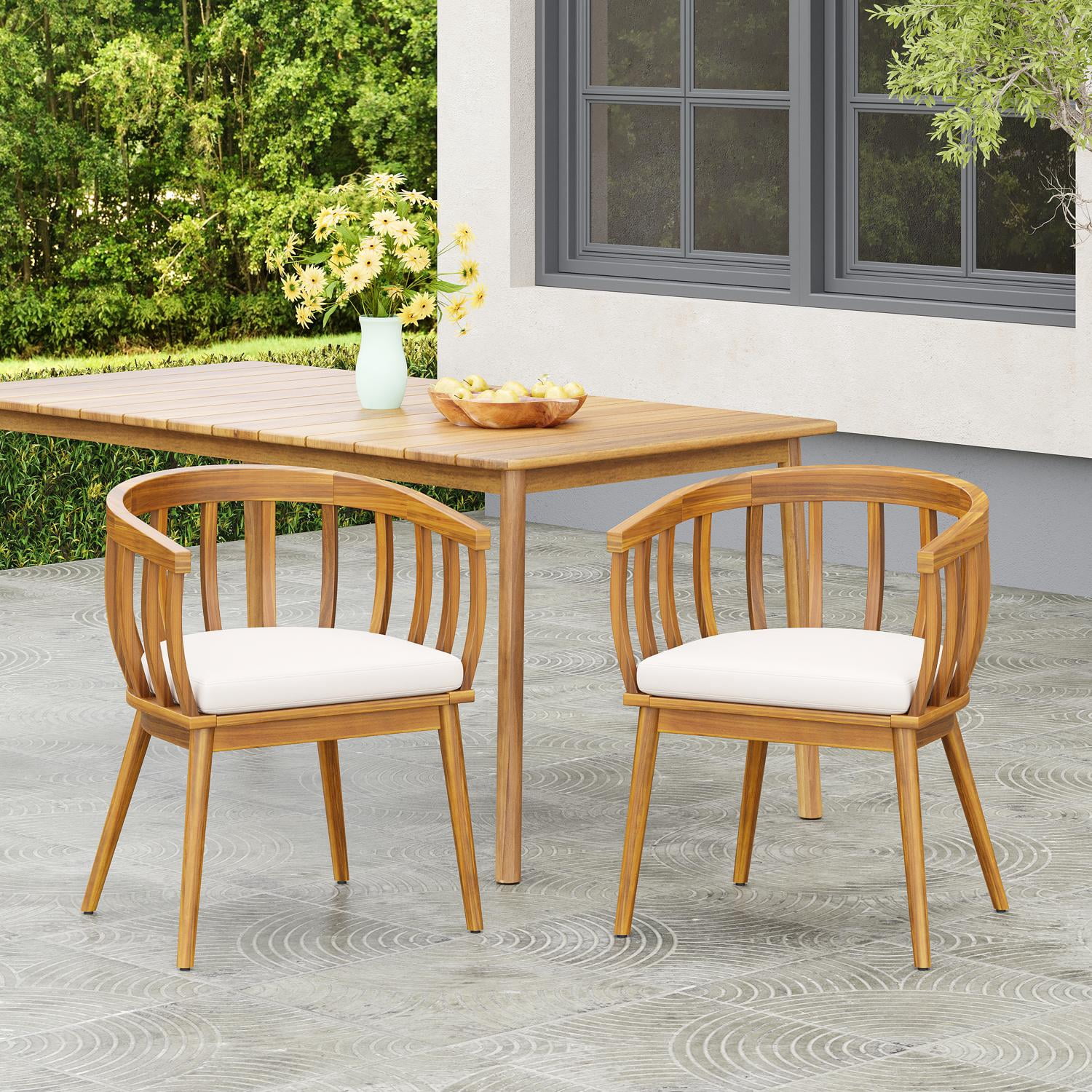 Dining Armchairs, Solid Wood Chairs Set of 2, Handcrafted Curved Backrest and Upholstered Seat, Ergonomic Dining Chairs for Kitchen or Dining Room in Teak+Beige