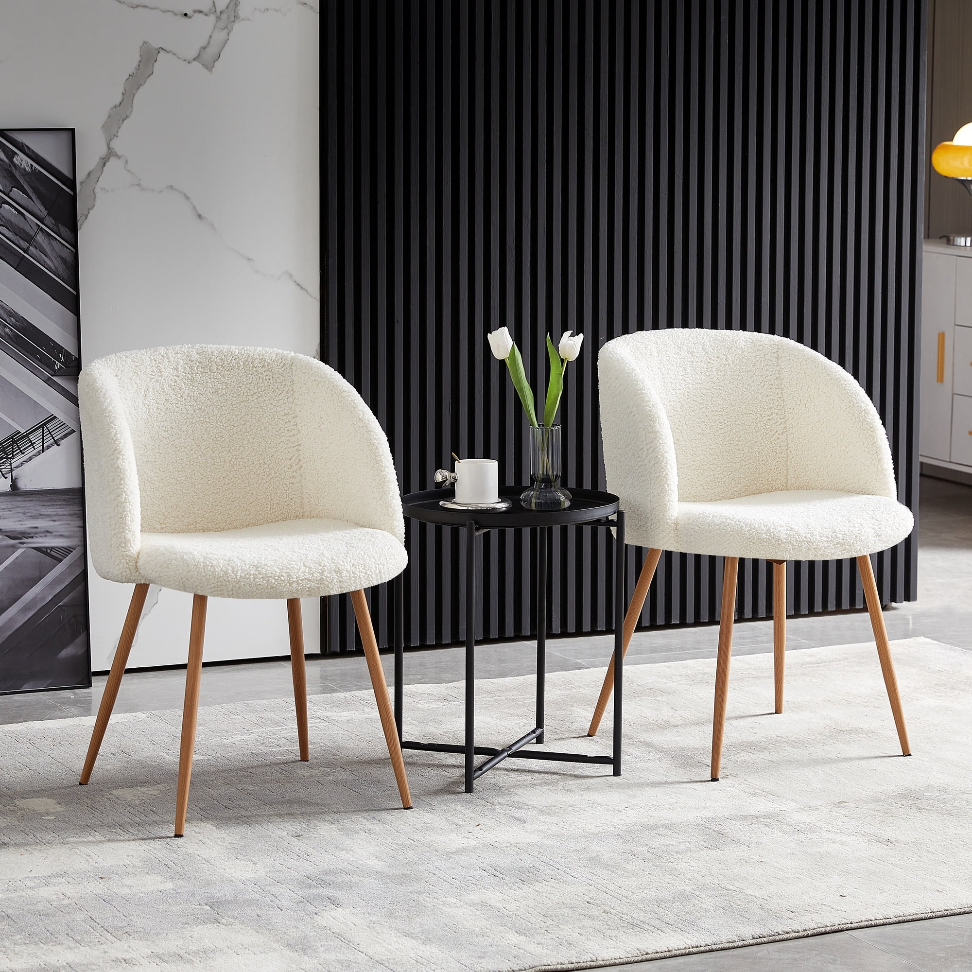 White Upholstered Arm Chair with Wooden Legs, Set of 2