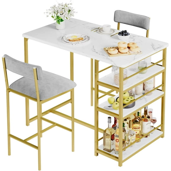 Dining Bar Table Set for 2 with 3 Storage Shelves,Pub Bar Counter Table with 2 Footrest Chairs,Dining Table Set for 2,High Top Table and Chairs for 2 with Upholstered Chairs,36" Table