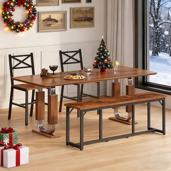 Dining Bench, 47.2 Inch Dining Table Bench, Rustic Kitchen Bench, Easy to Assemble, Steel Frame, for Kitchen, Living Room, Bedroom, Rustic Brown and Black TBHR0201