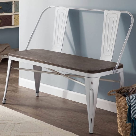 Dining Bench, Entryway Bench with Back, Farmhouse Metal Dining Bench, Industrial Mid-Century 3 Person Rustic Spindle Bench, with Wood Seat, Removable Backrest, 42in, White