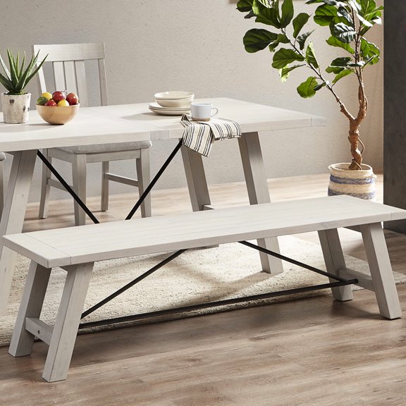 Dining Bench Made From Solid Wood, Metal Included, White Wash, Seats 3, 400 Lbs Max Capacity Wood With Stretcher Support, Whitewashed Look,