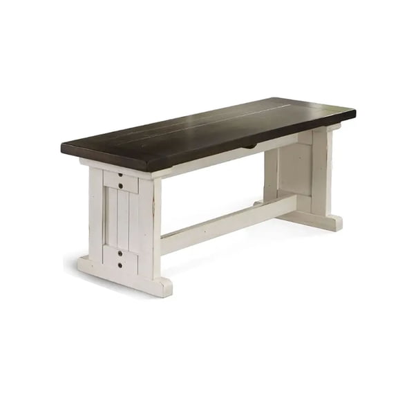 Dining Bench, Mahogany and Mindi Wood Plank Seat with Off White Trestle Base, Rustic Farmhouse Style, 48 Inch, Dark Brown and White Finish for Dining Room or Entryway Area