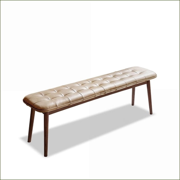 Dining Bench, Solid Oak Wood with Leather Cushion for Dining/Living Room | Khaki+Brown | Leather