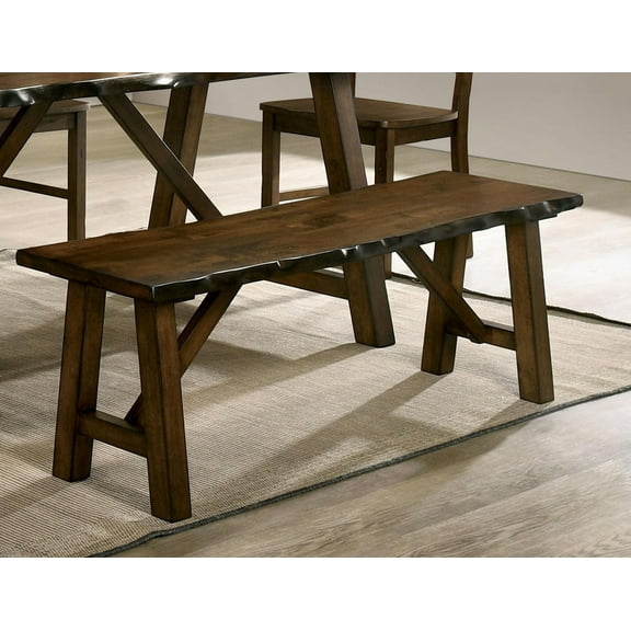 Dining Bench, Solid Rubber Wood with Live Edge Design, Rustic Walnut Finish Distressed Wood Seat, 54"W x 14"D x 18"H, Contemporary Style for Dining Room or Entryway, 1 Piece Only